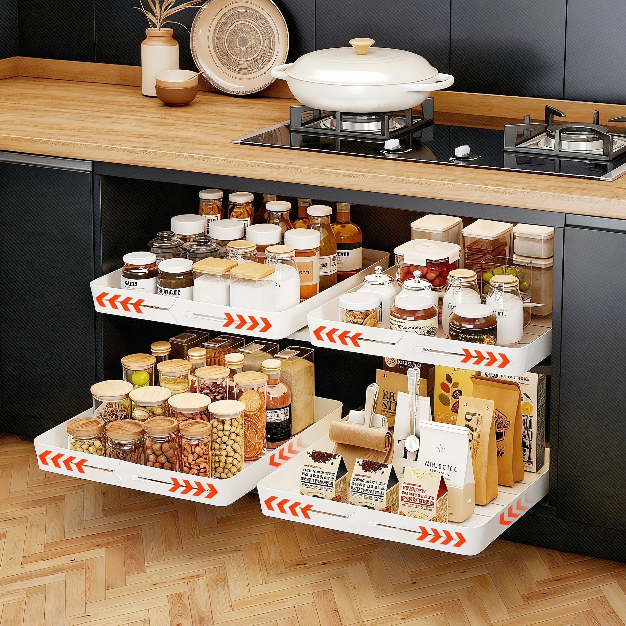 Ausziehbarer Schubladenorganizer 1, Tragkraft 13,61 kg, 3 geräuscharme Auszüge, kein Bohren erforderlich, verstellbare Breite für Küche und Bad, weißer Kunststoff (30,3 cm - 49,3 cm)