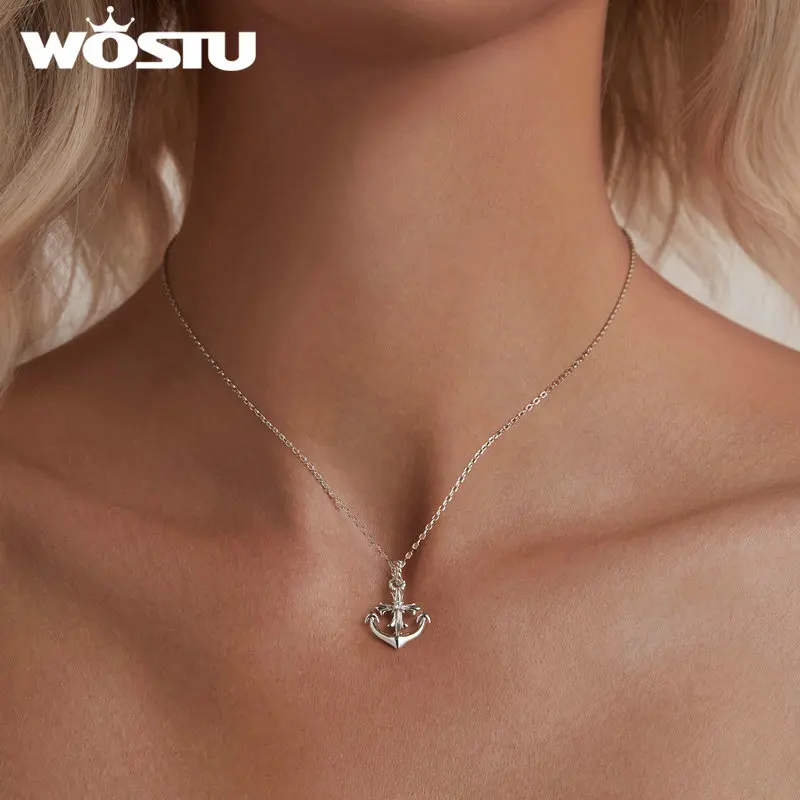 WOSTU 925 Sterling Silver Anchor Necklace Ocean Series Zircon Pendant Adjustable Chain for Women Gift Fine Jewelry