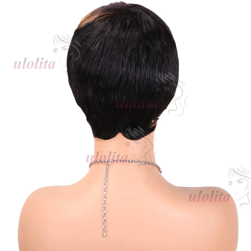 Schwarzbraune Highlight-Kurzhaarperücke mit geradem Schnitt für Frauen, Kleberlose Perücke mit Pony aus brasilianischem Remy-Echthaar – Detail 13