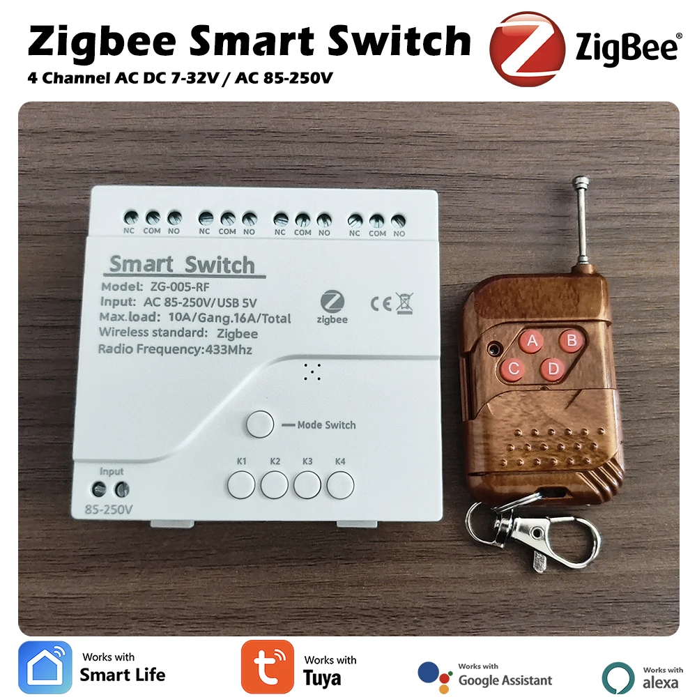 

4-канальный радиочастотный релейный модуль Zigbee, дизайн сухого контактного переключателя, интеллектуальная совместимость Tuya, 12 В/24 В/230 В, требуется концентратор шлюза, поддержка Alexa