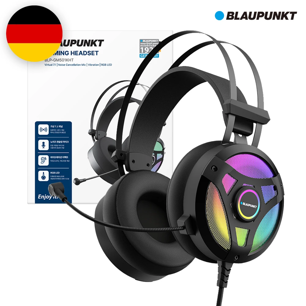 블라우풍트 7.1채널 노이즈캔슬링 파워진동 RGB 게이밍 헤드셋 BLP-GM501 게임용 컴퓨터 PC 게이머 LED 헤드폰 몰입감 향상 당일 배송