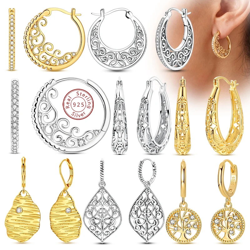 925 Sterling Silver Hoop Earrings For Women Sparkling Vintage Floral Openwork Stud Earring Wedding Engagement Party Jewelry Gift