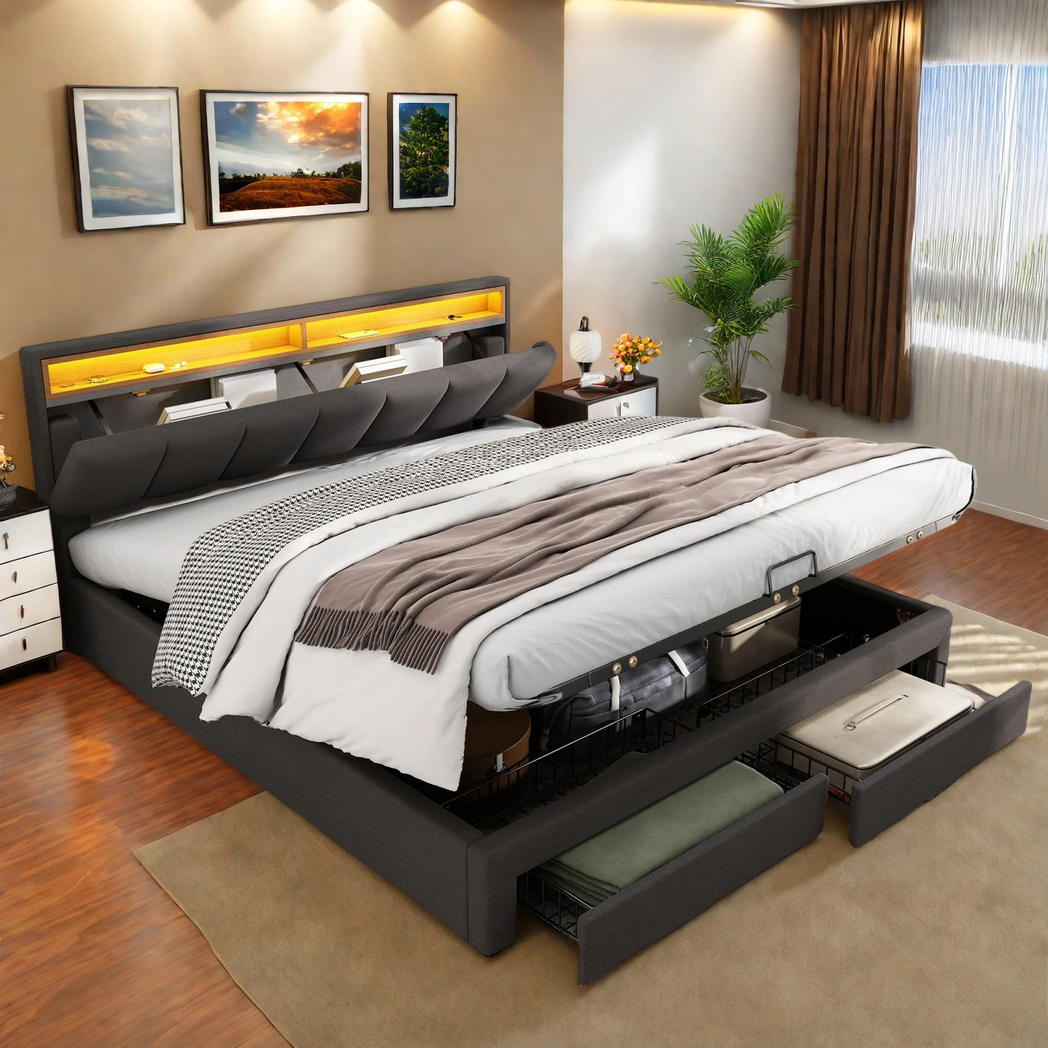 Cama tapizada de 160x200 cm con almacenaje, cama con almacenaje hidráulico, cama doble con canapé, cama con 2 cajones, cabecero abatible, cama juvenil, sin colchón, ropa de cama, gris