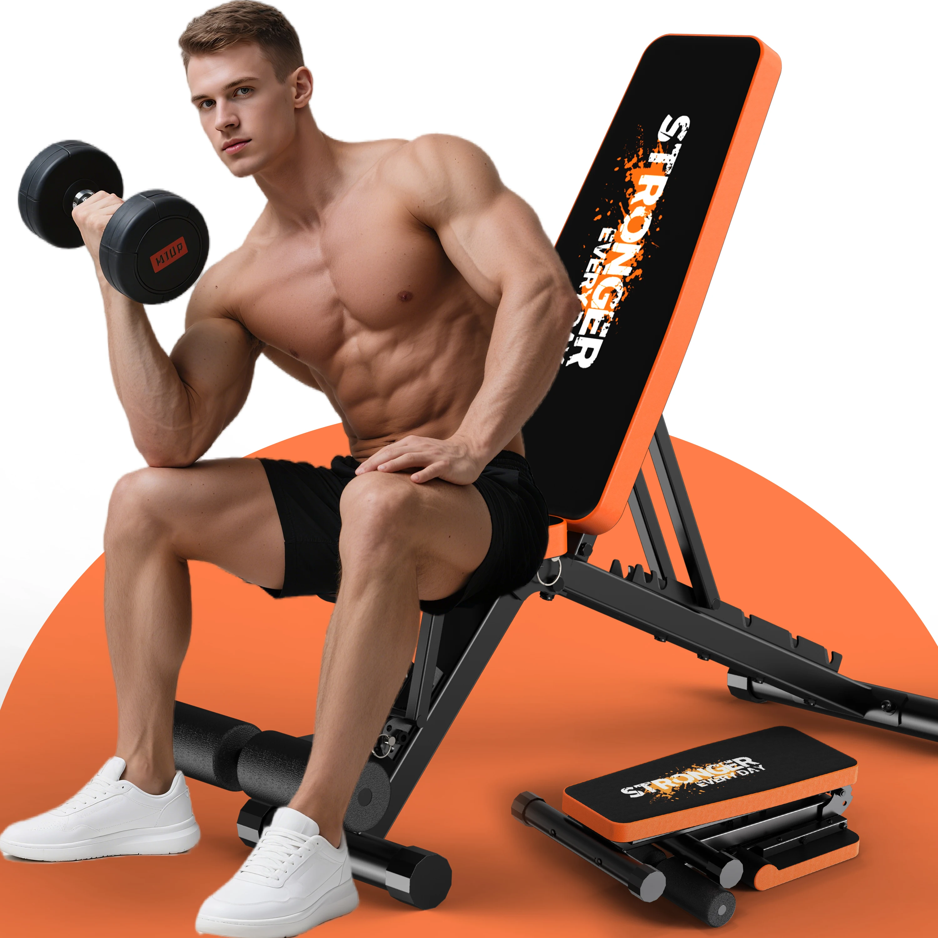 MettleMatic Hantelbank, verstellbare klappbare und mobile Trainingsbank mit 7-fach verstellbarer Rückenlehne und 3 Sitzpositionen – Neigung