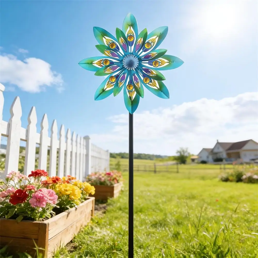 Elegant Outdoor Metal Windmill, Double Layered Peacock Feather Design Wind Spinner for Garden Patio Yard Lawn Decoration, Gift