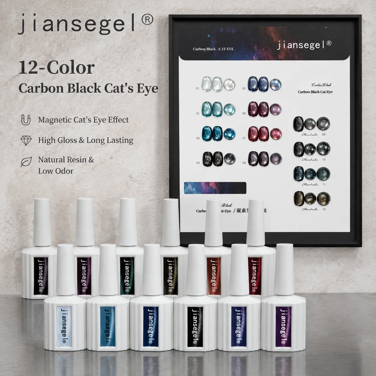 12-color High-End Carbon Black Cat-Eye Gel Nail Polish Set Magnetic Glass Pigment Professional DIY Manicure Salon Quality