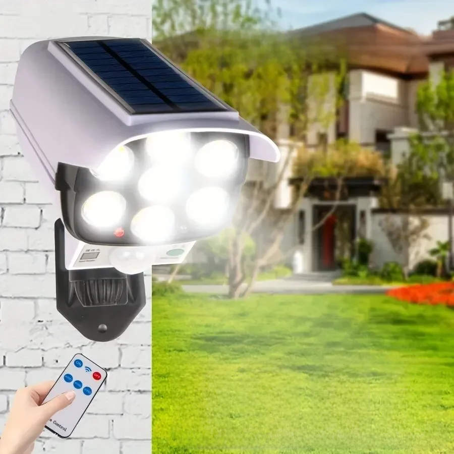 Lampes solaires à détecteur de mouvement extérieur, budgétaire à 77 LED, étanche, sans fil, fausse caméra de sécurité pour porche et jardin.