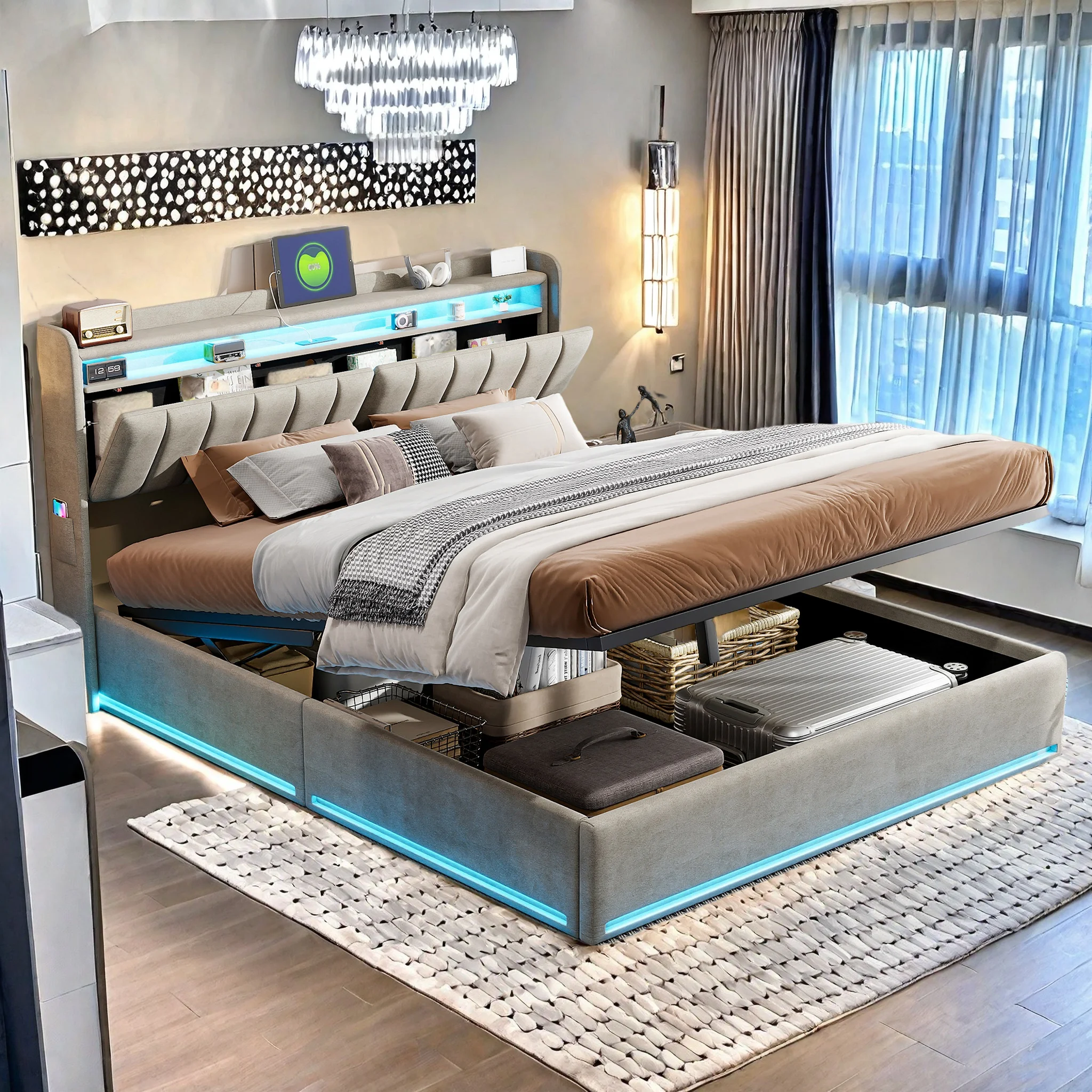 Lit 160x200, lit double capitonné avec port USB et éclairage LED, lit coffre hydraulique, velours, sans matelas, gris