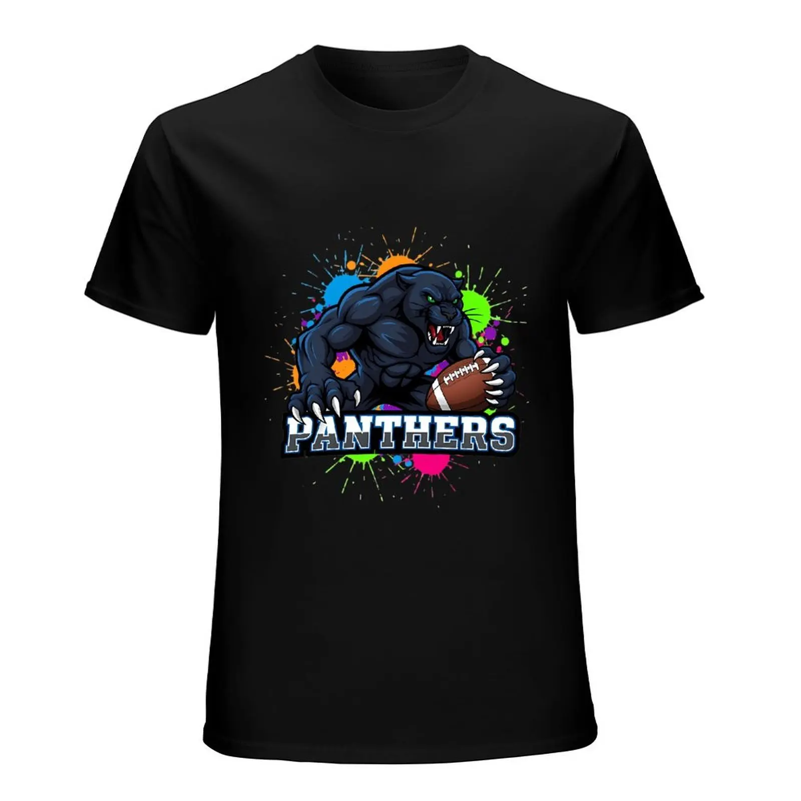 Multicolor Paint Splatter Muscular Black Panther Holding Football Panthers Graphic T-Shirt Men Cotton Crew Neck Fan Tee