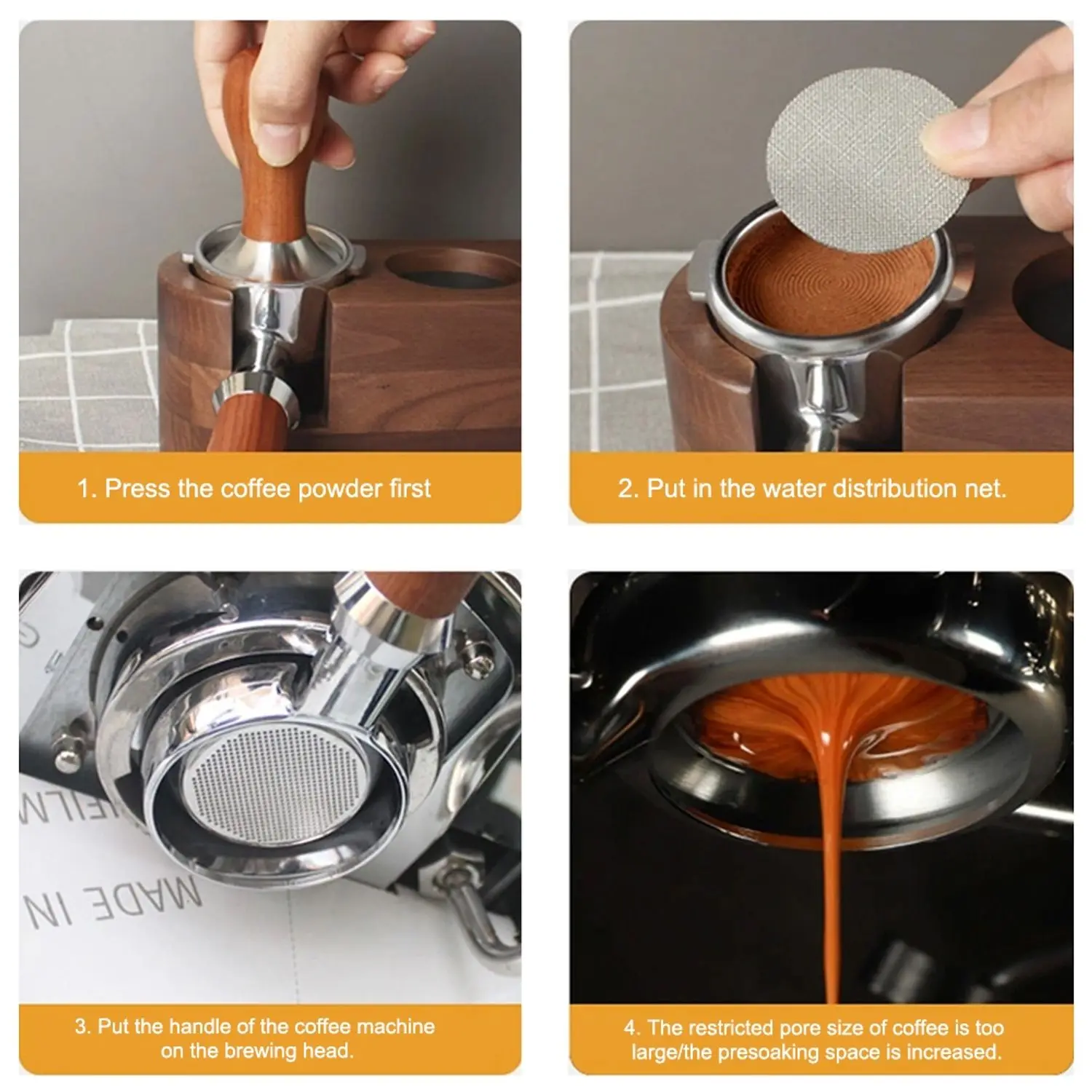 Entonnoir de dosage de café avec support de brochure fait à la main, anneaux de poudre de café, écran de rondelle d'espresso de 53.5mm, 54mm