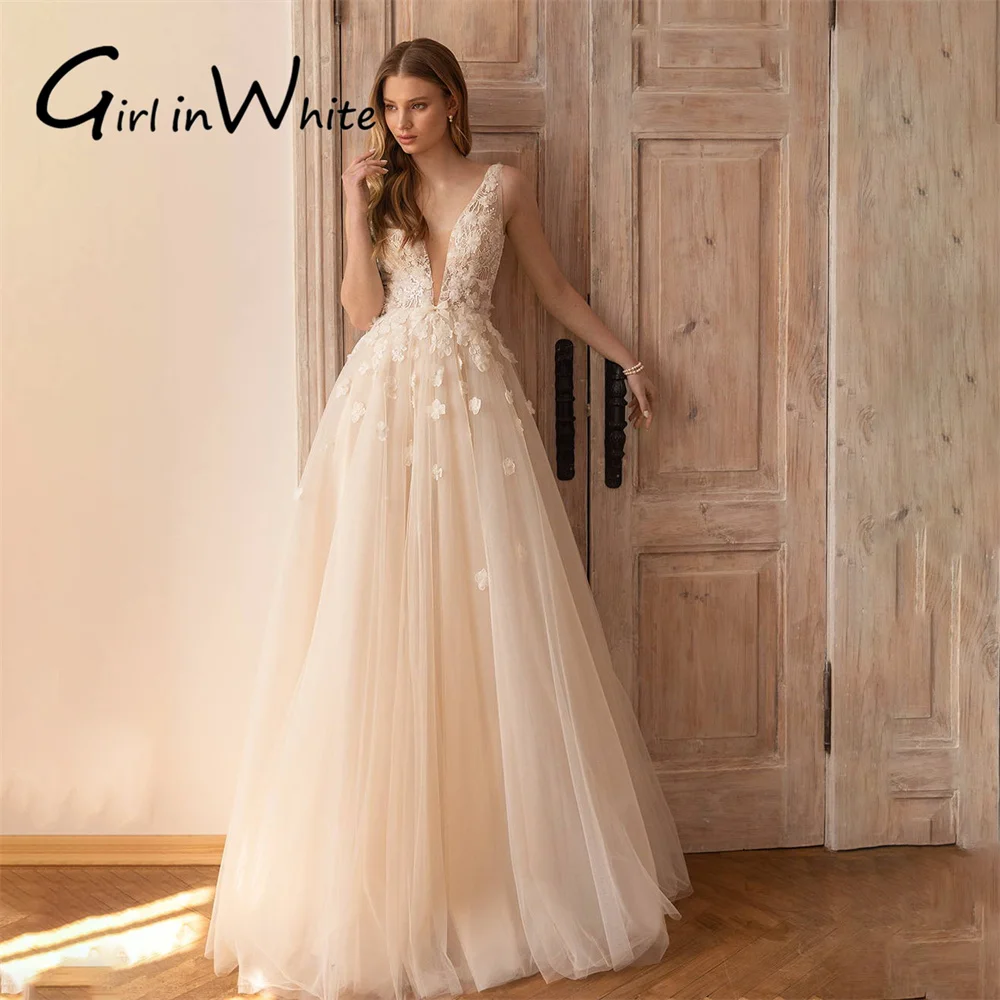 

New Elegant V Neck A Line Wedding Dresses Sweep Train Bridal Gowns Appliques Backless Sleeveless Bride Robes Vestidos De Novia