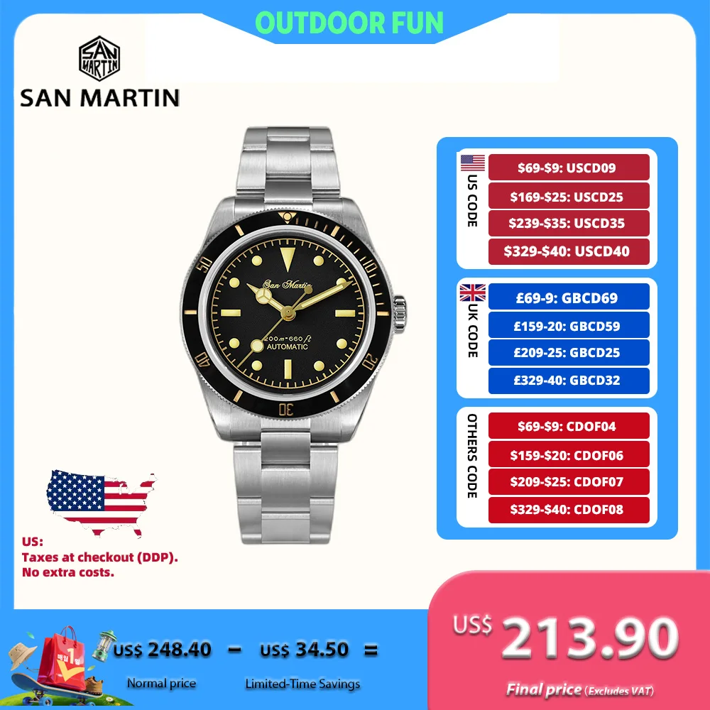 

San Martin 38 мм 6200 Дайверские часы для мужчин Часы NH35 Автоматическая регулировка застежки с сапфировым стеклом BGW-9 Светящиеся 20 бар SN0004GA