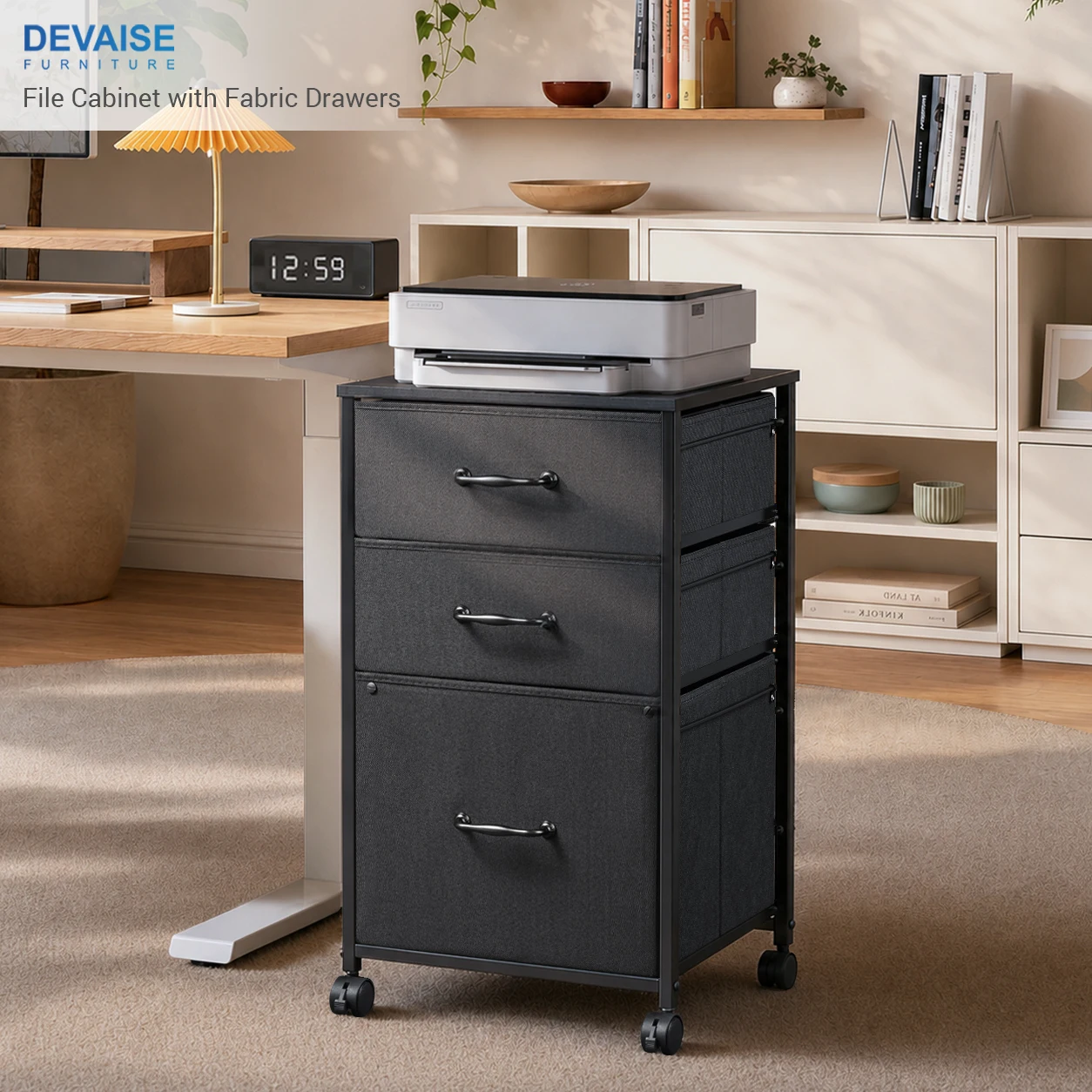 Mobile File Cabinet, Rolling Printer Stand with 3 Drawers, Fabric Vertical Filing Cabinet Fits A4 or Letter Size for Home Office, Black