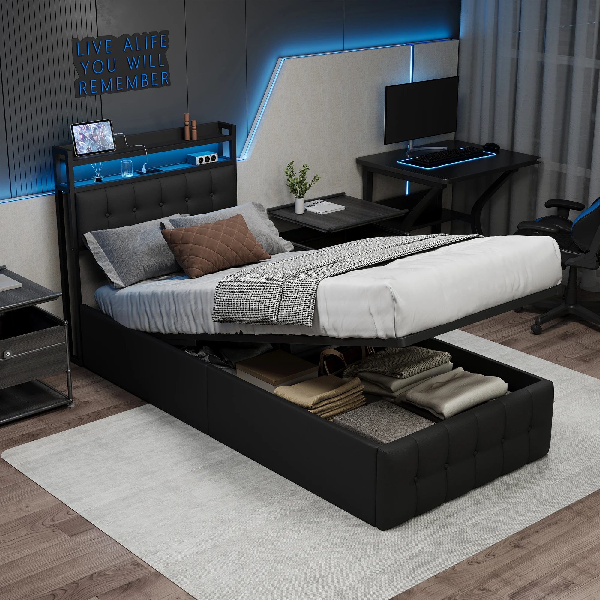 Anajqaqia, lit hydraulique 90 x 200 cm, lit de rangement, lit simple, lit rembourré, tête de lit avec étagères ouvertes et accents décoratifs, lit de rangement grande capacité, lit pour petites chambres, lit pour jeunes, cuir, noir, matelas non inclus