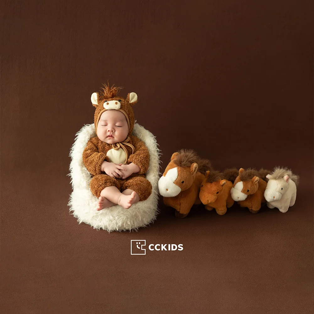 Alat Peraga Fotografi Bayi Baru Lahir Tema Kuda Coklat Romper Bayi + Topi Boneka Kuda Poni Boneka Berpose Gaya Kuda Goyang untuk Studio