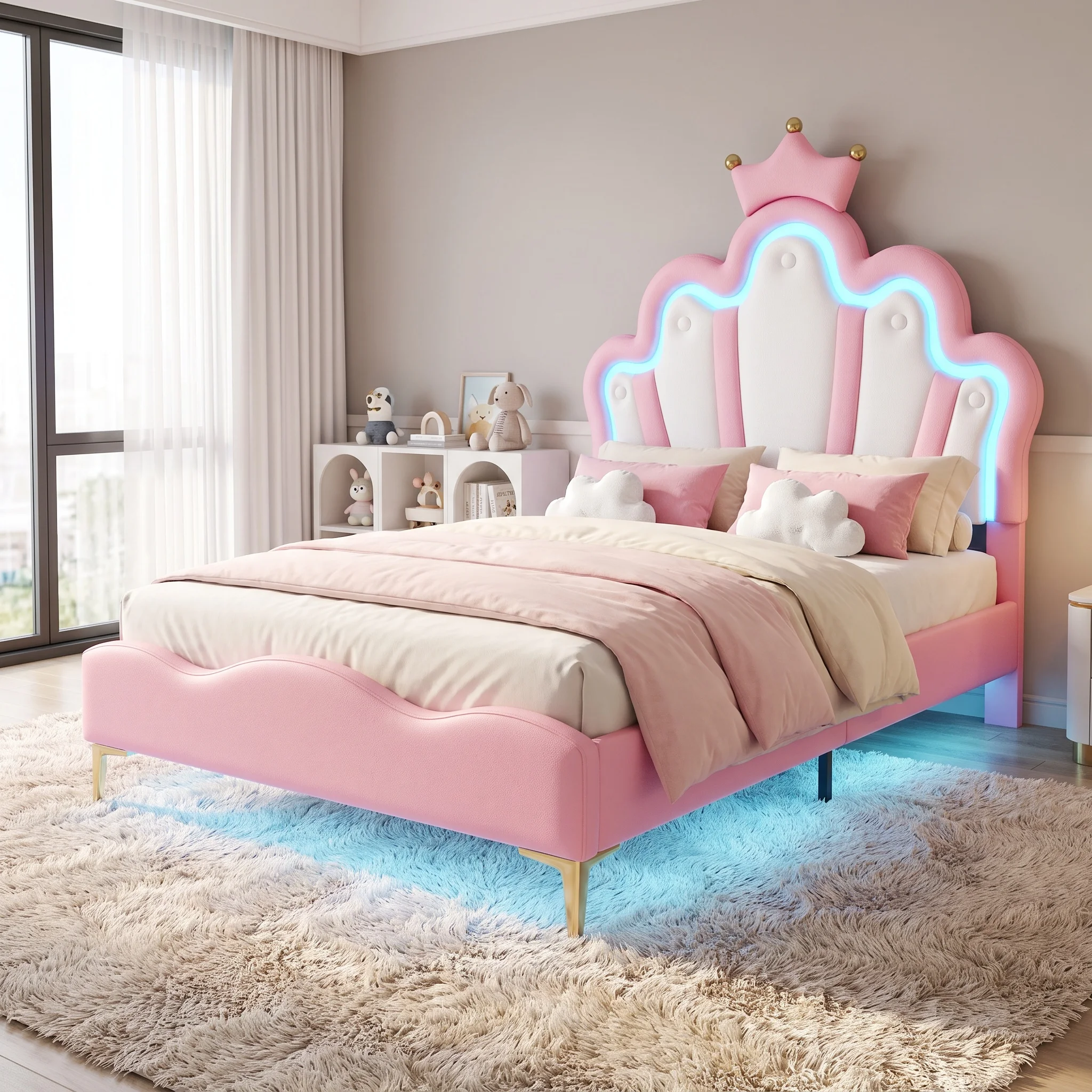 Letto 90 × 200 cm con superficie di appoggio piatta, design a forma di corona, rivestimento in pelle sintetica, con funzione reclinabile – materasso non incluso.