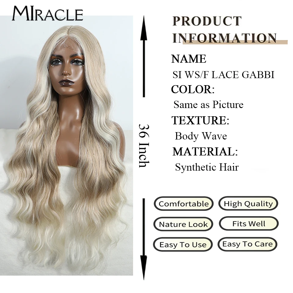 MIRACLE Synthetic 36Inch Omber Lace Front Wig For Woman Fiber Fake Hair Wig Wavy Soft Heat Resistan Cosplay Colorful Brown