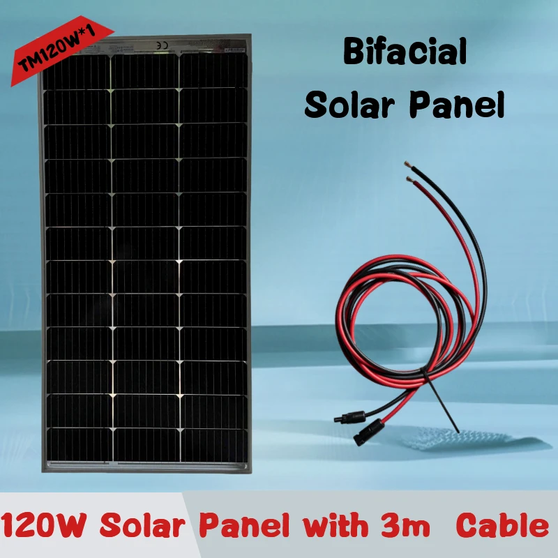 Bifaziales Solarmodul 120 W 18 V mit 3m Kabel, Photovoltaik, Solarzelle 12 V, Ideal für Wohnmobile, Balkonsysteme, Gartenhäuser, Boote