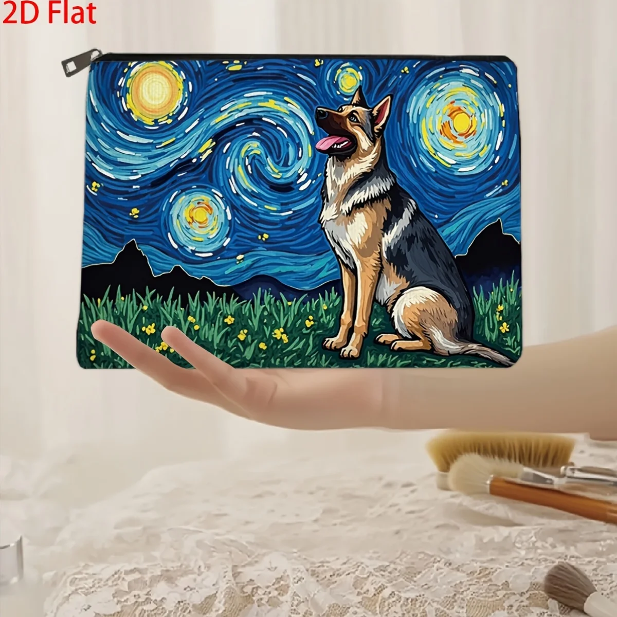 1Pc Dreamy Starry Night and Cute Puppy Retro Design Multifunctional Travel Makeup Bag, Snack Storage Bag, Stationery Storage Bag, Fashionable Toiletry Bag, Canvas Double-Sided Printed Zipper Pouch