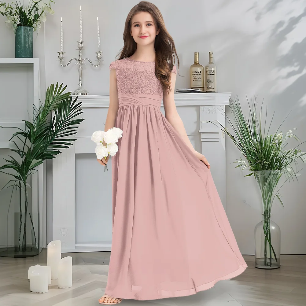 

Luxurious Scoop Neck Junior Bridesmaid Dress Moonlight Silver Flower Girl Dress Floor-Length Chiffon Lace Cascading Layers