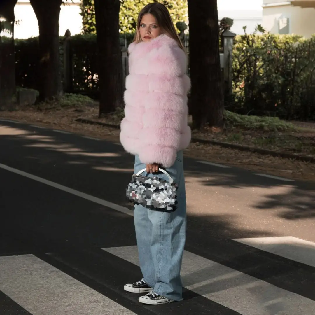 New Fashion Sky Blue Genuine Fox Fur Jacket Stand Collar Long Sleeve Winter New Trendy Woman Natural Fox Fur Coat Outwear Luxury