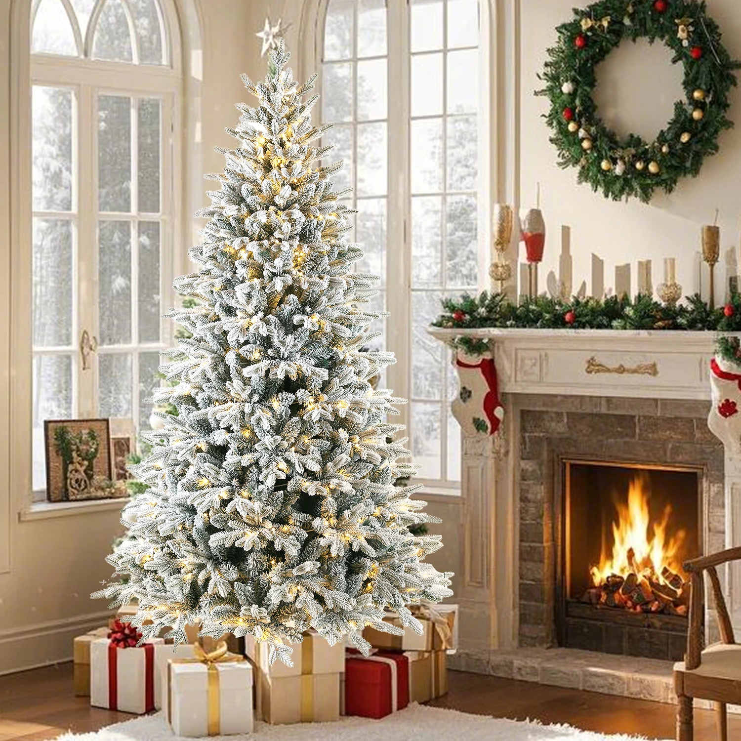 180 künstliche Weihnachtsbäume mit weißem Schnee und 935 Spitzen, 264 LED-Leuchten, PVC + PE-Material, Metallständerbaum, Party-Dekoration für den Innenbereich – Detail 11