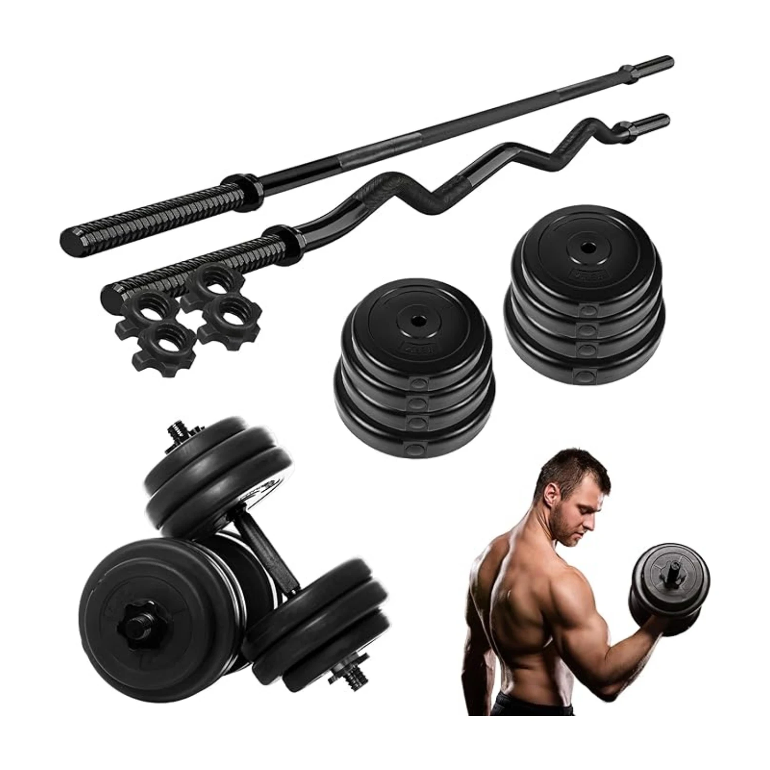 Bluelander Kit de Pesas 4 en 1, Pesas para Ejercicios, Pesas, 8 Discos Pesas de Distinto Peso, 4 Barras de 2 Distintos Largos.