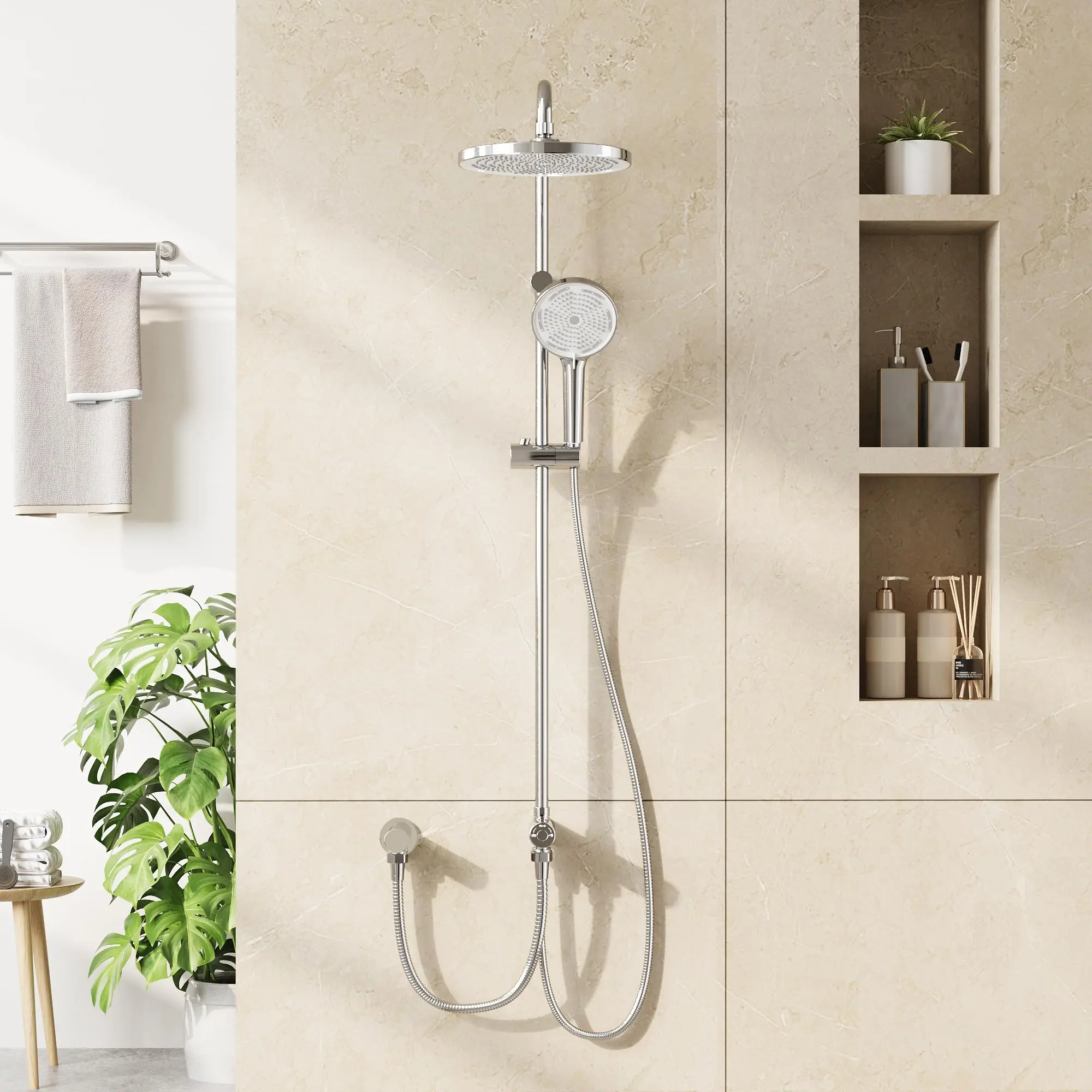 Fotografia 3: Conjunto de Chuveiro Regulável em Aço Inoxidável com Ducha de Cabeça de 25 cm, Preto |   Sistema de Ducha com Chuveiro Manual, 3 Tipos de Jato e Prática Prateleira para Banheiro Moderno