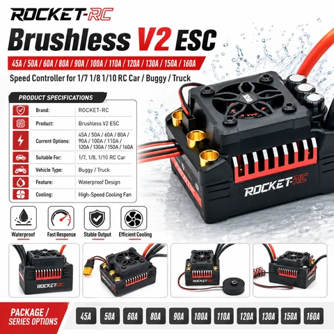 ROCKET-RC ESC Brushless V2 45A 50A 60A 80A 90A 100A 110A 120A 130A 150/160A Speed Controller for 1/7 1/8 1/10 RC Car Buggy Truck