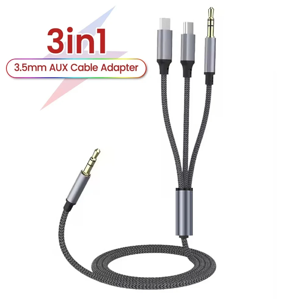 Cable auxiliar 3 en 1 tipo C de 3,5mm a adaptador de Cable de Audio IOS para iPhone iPad altavoz de coche Cable convertidor de USB-C macho a macho