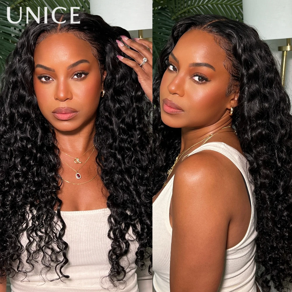 UNice 7x5 Bye-Bye Slip™ Natural Black Water Wave Curly Human Hair Wigs With Drawstring 150% Density