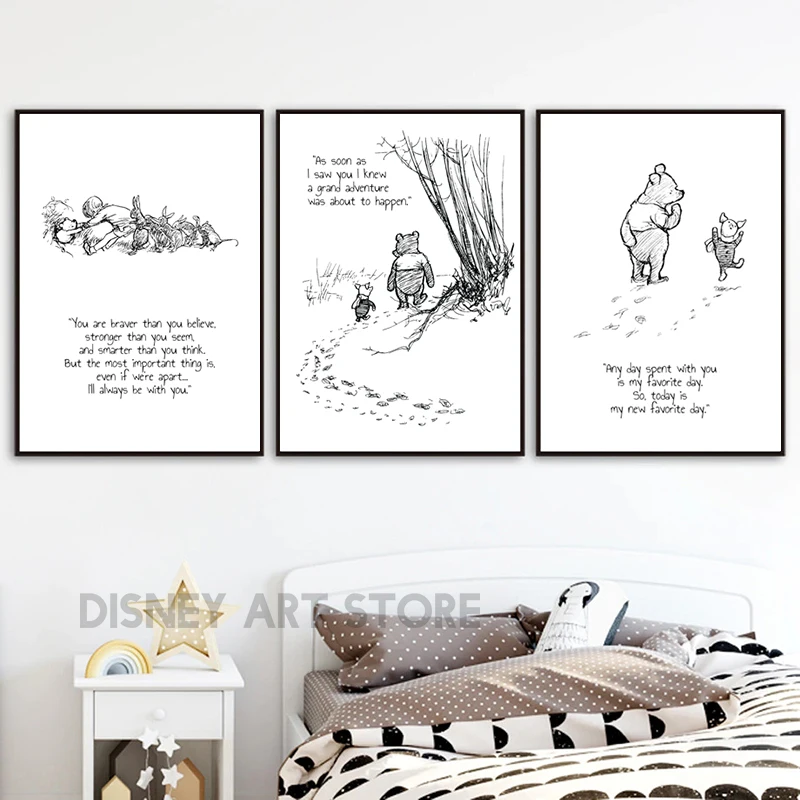 Winnie the Pooh Quote Prints Black and White Poster Nursery Decoration Baby Shower Pooh Art Canvas Painting New Baby Gifts