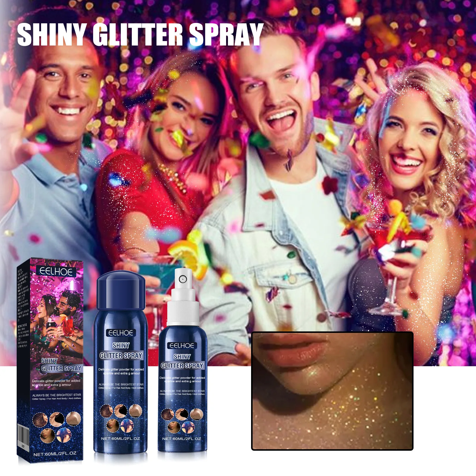 Eelhoe Glitzerspray, vollflächiger Körper, glitzernder Effekt, langanhaltender Glanz, Halloween, Nachtclub, Party, Make-up, Hautglitzerpulver, 60 ml