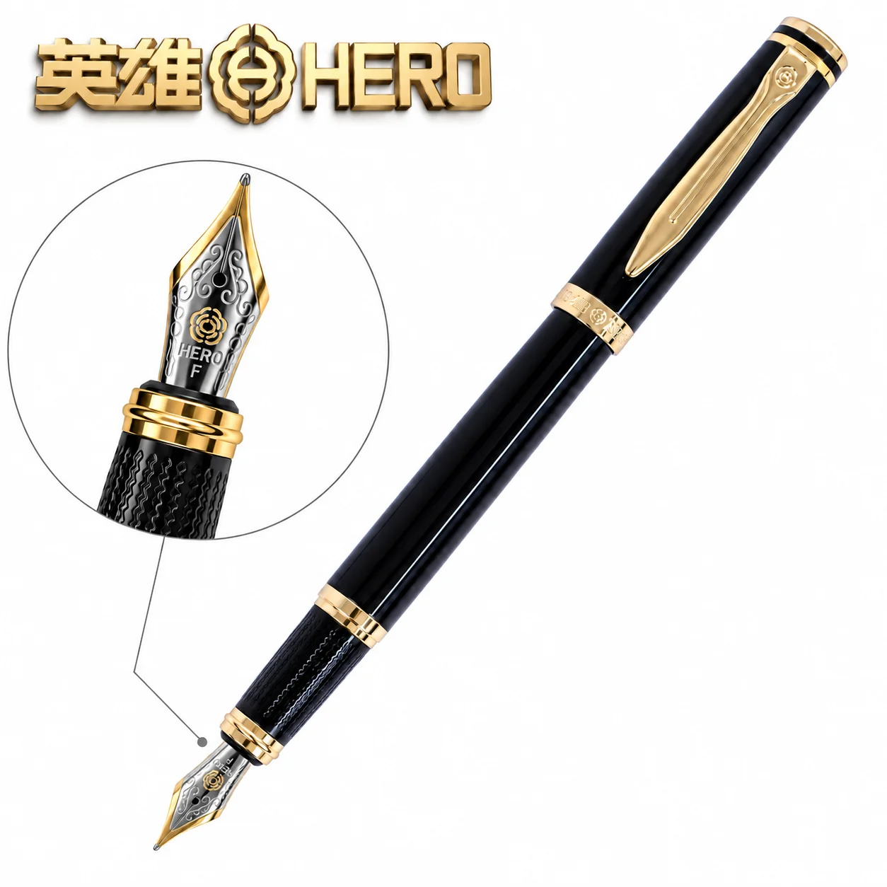 HERO 6177 Fountain Pen Glossy Black Metal Body 0.5mm Iridium Nib with Piston Converter Support 3.4mm Ink Cartridge Business
