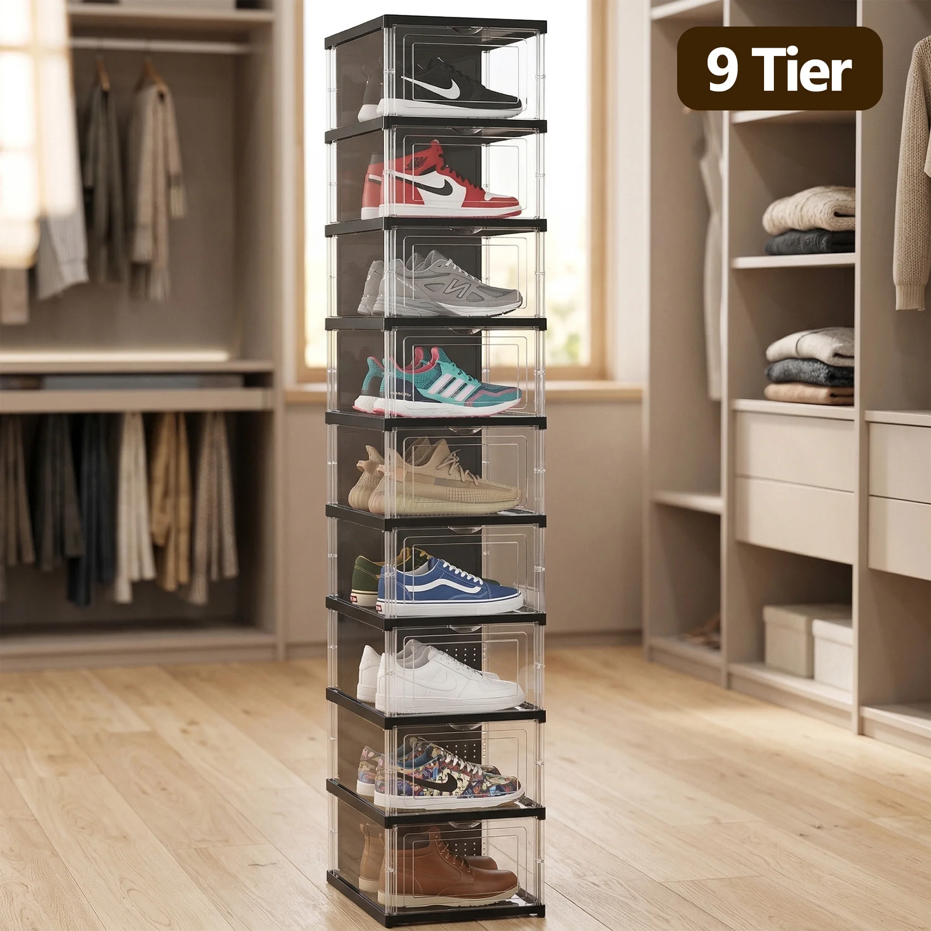 Organizador de Zapatos de 9 Niveles, Caja de Almacenamiento sin Ensamblaje, Zapatero Plegable, Ideal para Exhibir Zapatillas y Almacenamiento Diario