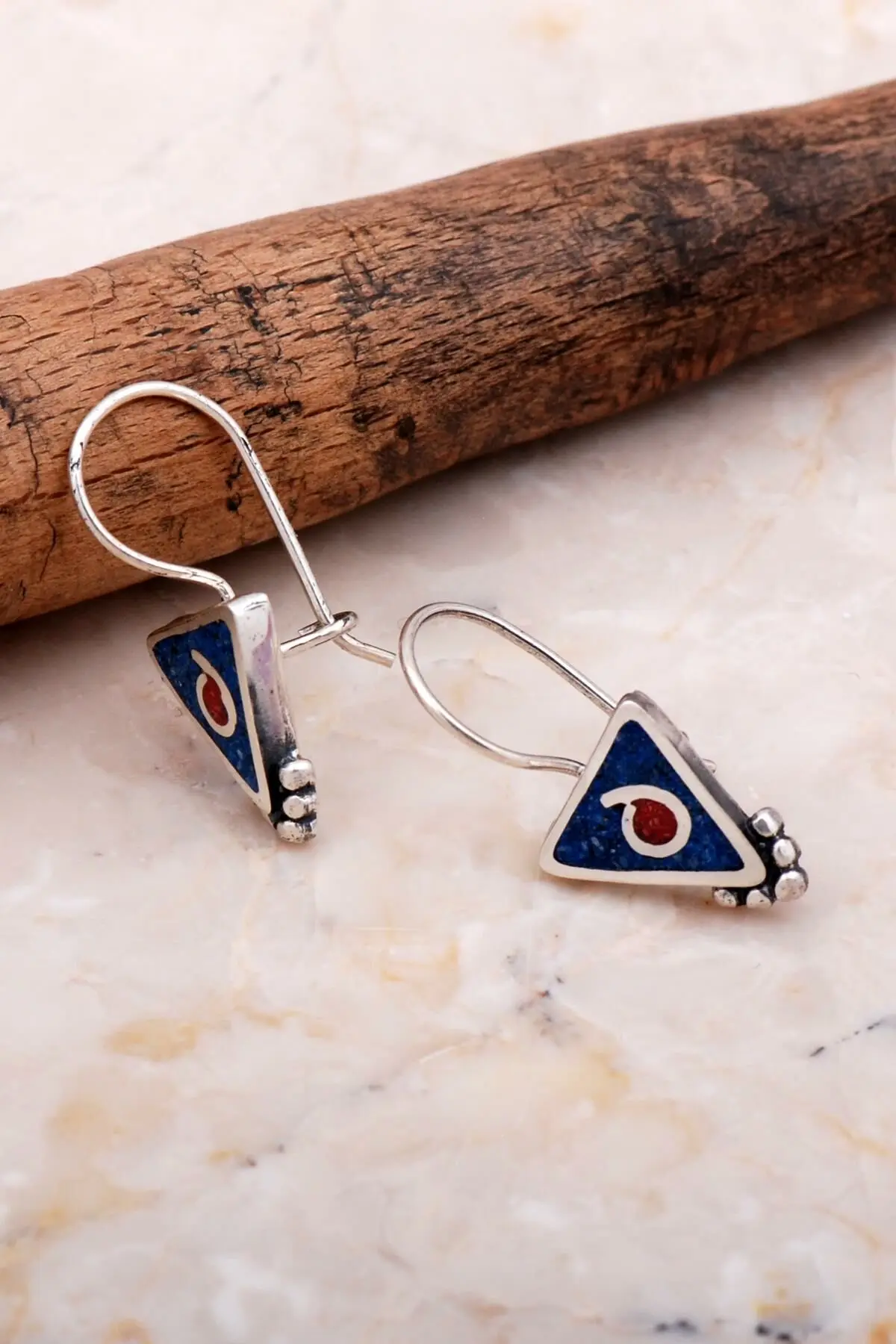 Handmade 925 Real Silver Authentic Triangle Mosaic Dangle Earrings Natural Stone Drop Earrings Birthday Gift for Her Women