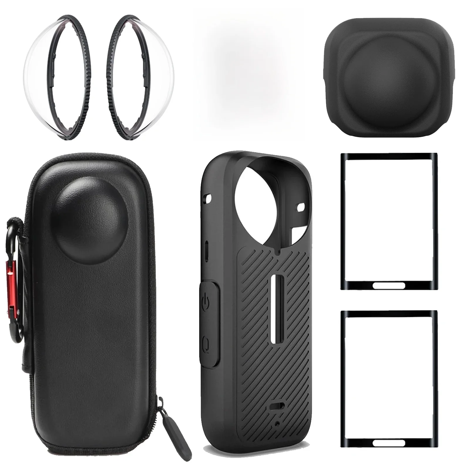 Zestaw akcesoriów ochronnych do kamer Insta 360 X6, X5, X4: osłona obiektywu, silikonowa osłona, folie ochronne na ekran, etui na kamerę. — zdjęcie produktu 7