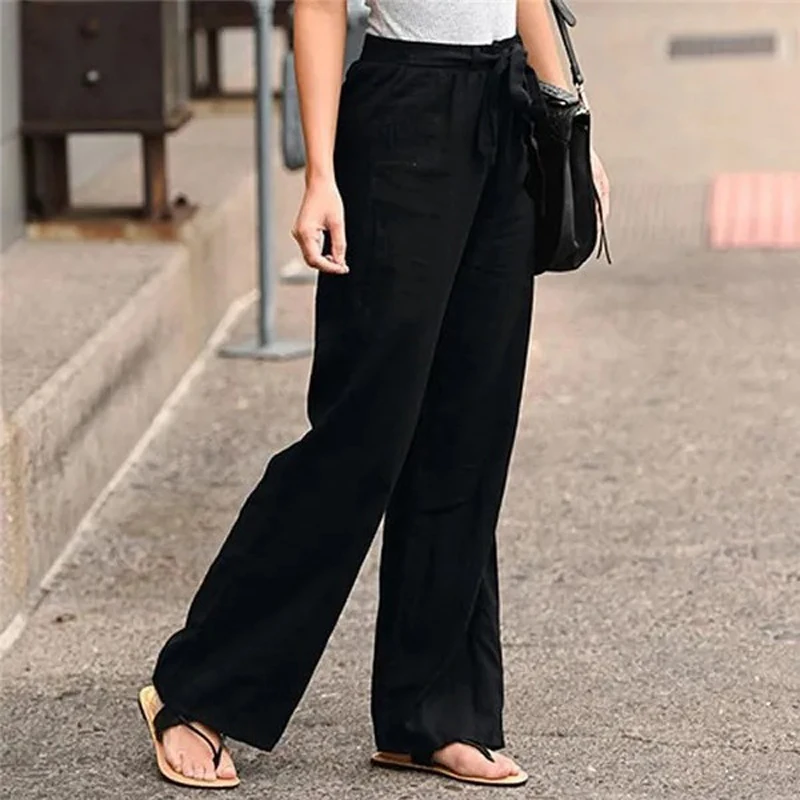 Summer Elastic Waist Women Cotton Linen Pants Hight Waist Ankle-length Oversized Loose Trousers Female Casual Solid Color Pants