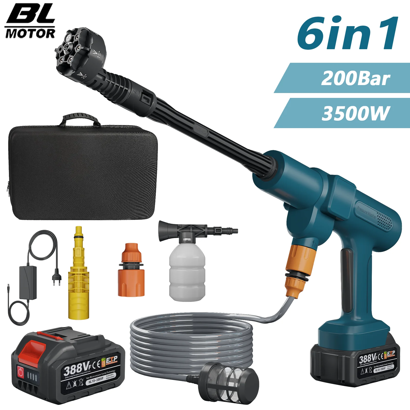 200 Bar 3500W Bürstenloser Hochdruck-Autowaschpistole 6-in-1 Hochdruckreiniger für Auto und Garten Kompatibel mit Makita-Akku