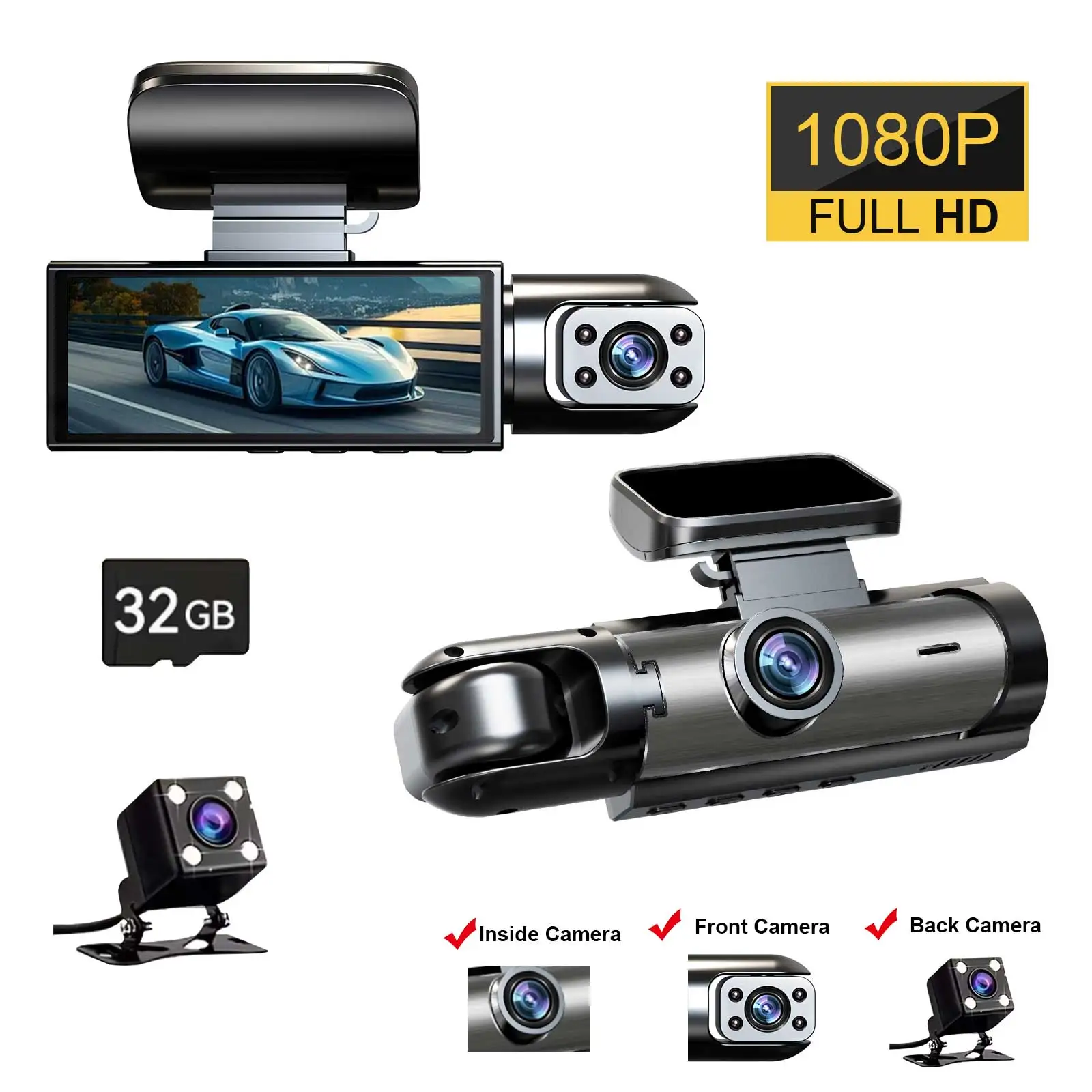 ZNLYRION Driving Recorder M8-32GB Full HD 1080P Car Dashcam Front+Interior Rear Camera 130° Wide Angle Night Vision G-Sensor Parking Monitor Car Driving Recorder