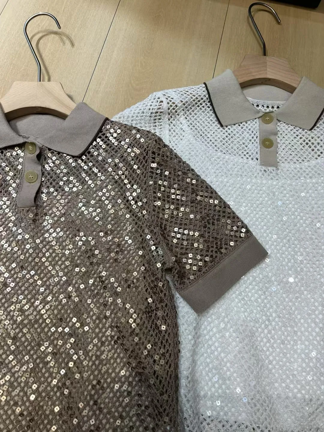 Autumn women's exquisitely sequins trimmed knitted linen cotton short sleeved polo neck top