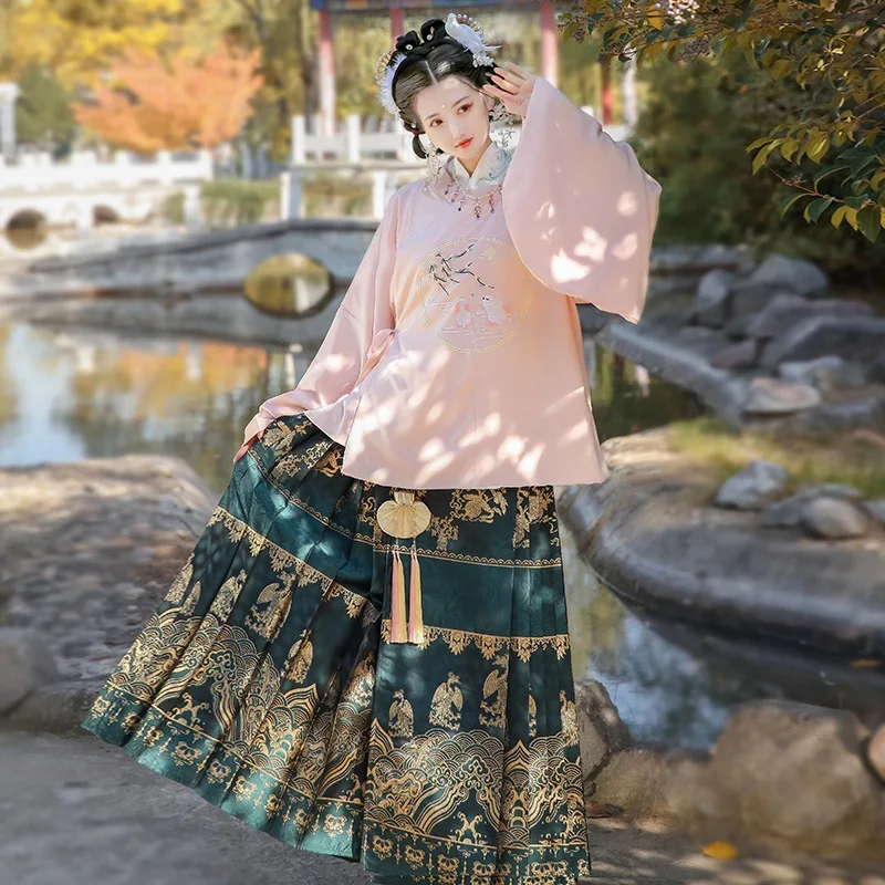 Pink Hanfu women's style coat skirt round neck robe patchwork makeup flower horse face skirt daily spring and autumn style