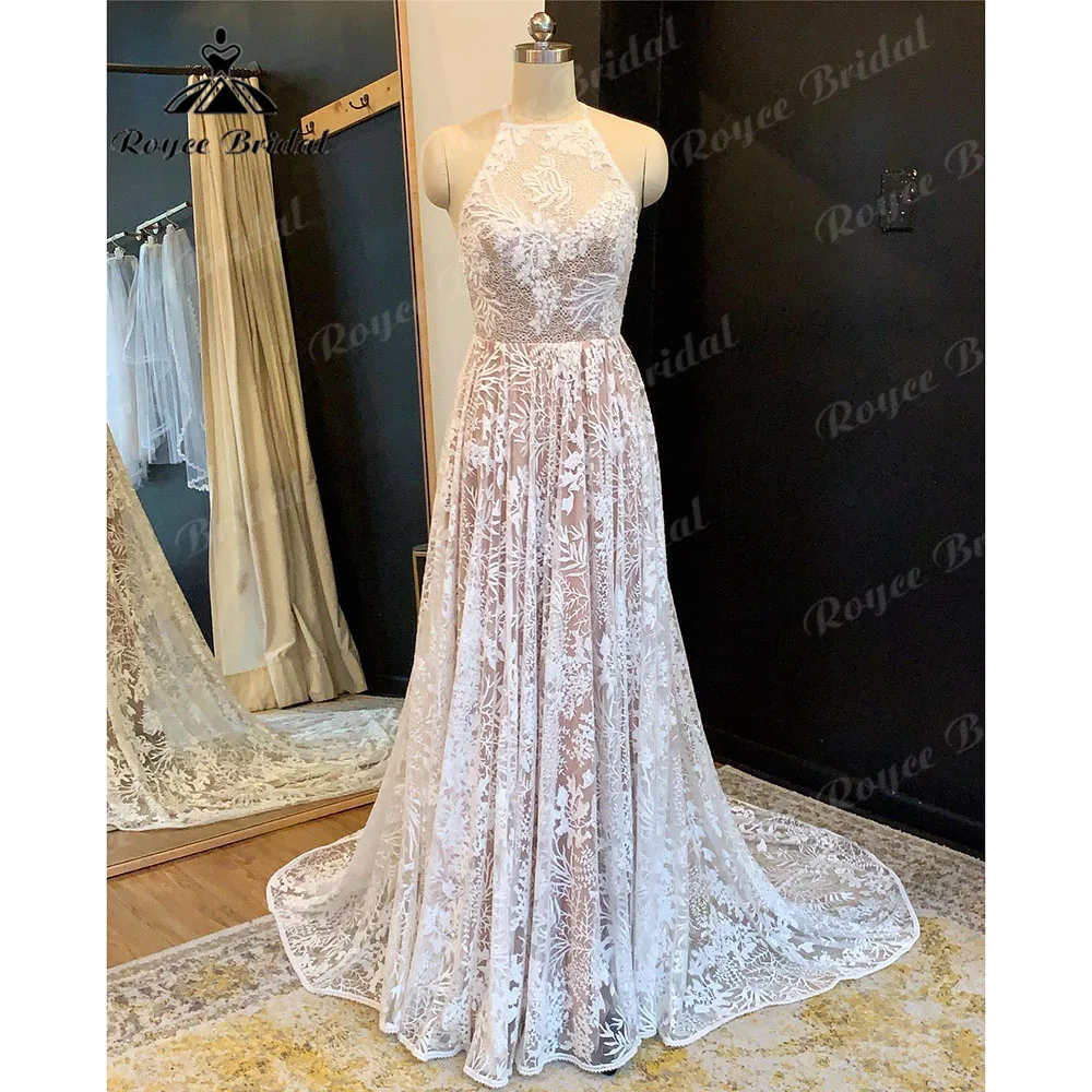 Vintage Full Lace Off Shoulder Blush Pink Boho Wedding Dress 2023 Bridal reception Gown Halter Neckline Backless suknia slubna