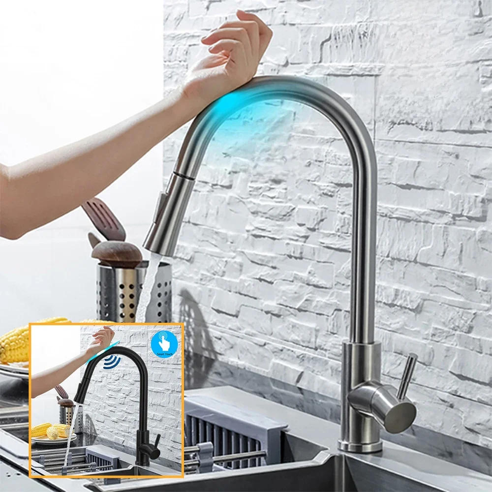 DQOK-Robinet mixte à commande tactile en acier inoxydable, capteur de dégradbrossé, induction intelligente, robinet d'évier noir