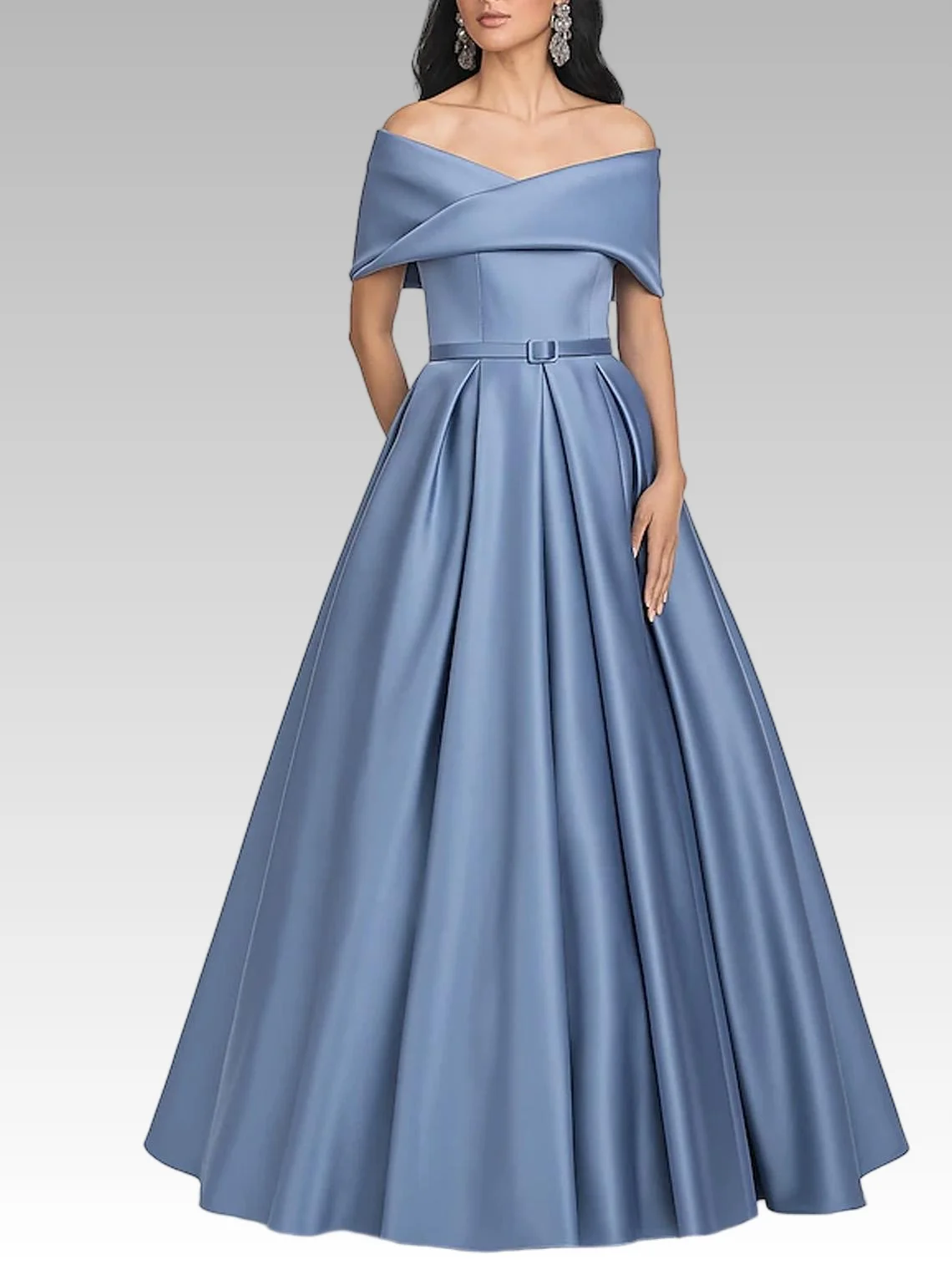 Aライン オフショルダー 半袖 サテン フロアレングス フリル イブニングドレス 結婚式のゲスト プロムドレス 2025 無料カスタマイズ