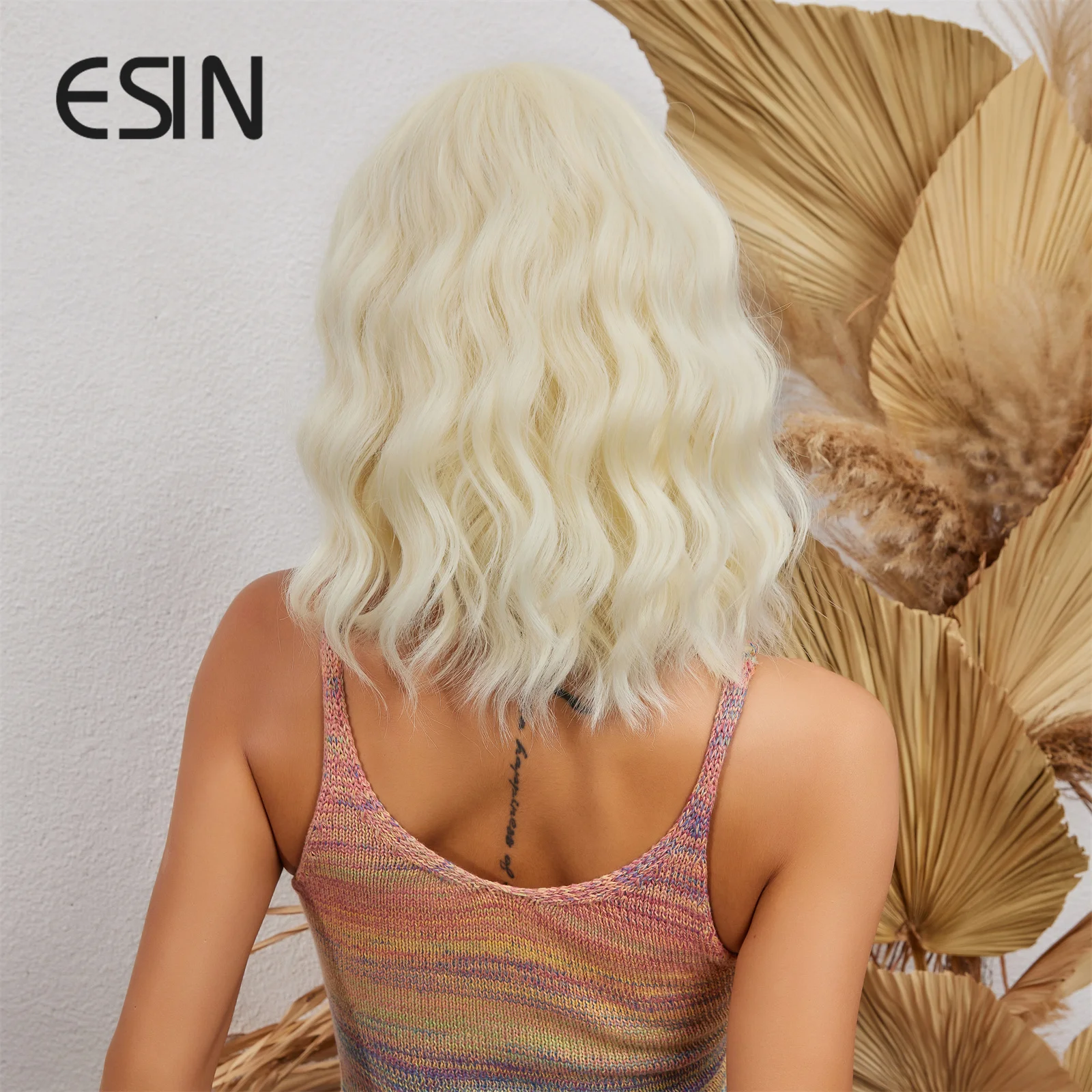 ESIN Synthetic Blonde Mixed Pink Bob Wigs Medium Long Loose Body Wave Wig with Bangs Cosplay Daily Natural Wigs for Women