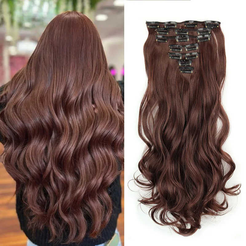 Clip In Hair Extensions Long Wavy 7PCS Invisible Clip Thick Hairpieces Soft Full Head Synthetic Fiber For Women Brown 24 Inches