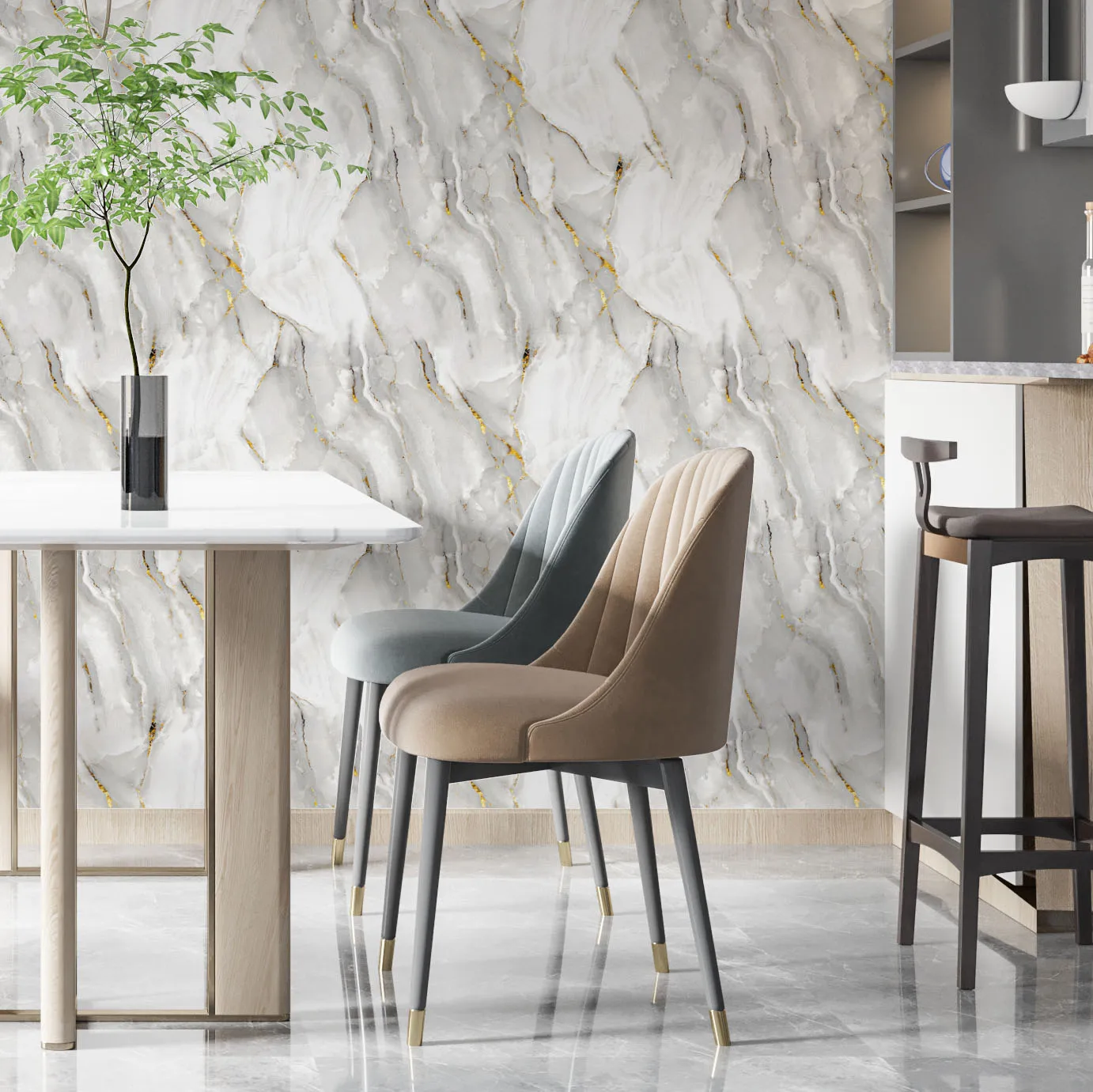 ورق جدران من الفينيل ذاتي اللصق من الرخام الذهبي الأبيض المزخرف بالحجر #5