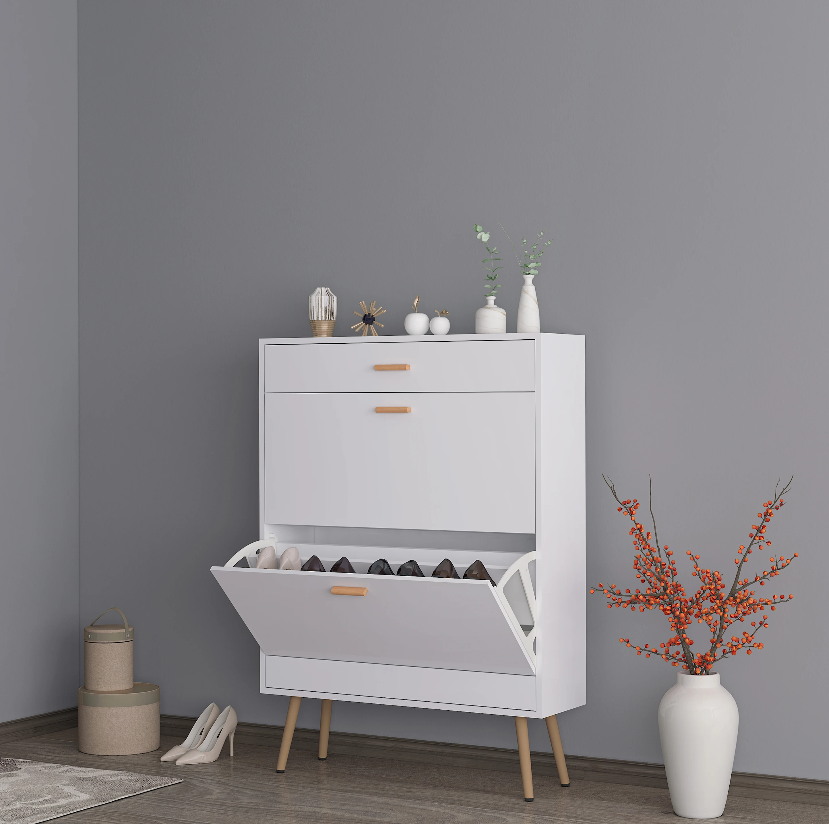 

Shoe Cabinet, 16 Pair Shoe Rack Storage Organizer with 2 Flip Drawers, White Entryway Shoe Storage Cabinet for Heels, Boots, Sli