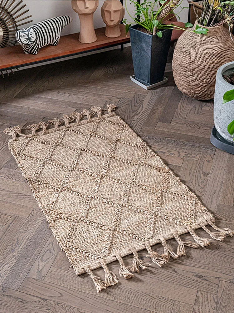 India Handmade Jute Carpet for Living Room Nordic Solid Color Bedroom Rug Tassel Bedside Floor Mat Anti-skid American Style Rugs